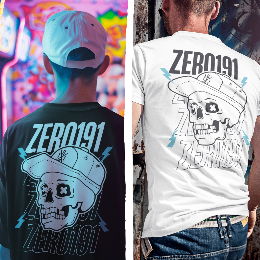Two people wearing t-shirts with a skull design and 'ZER0191' text, one in black and the other in white, against colorful and urban backgrounds.